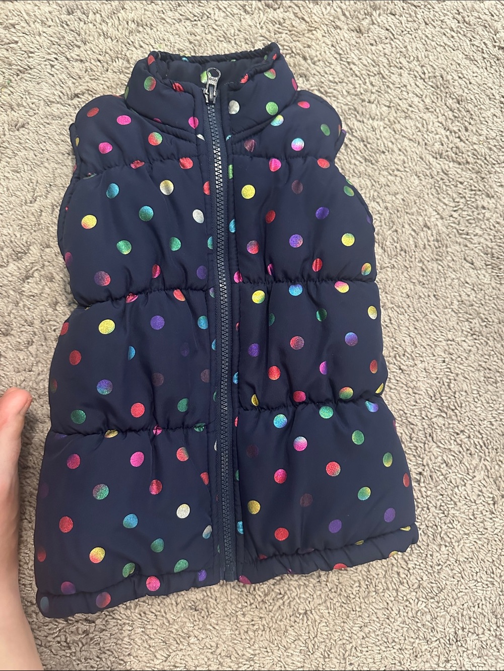 Faded Glory Navy Puffer Vest with Multi-Color Metallic Polka Dots